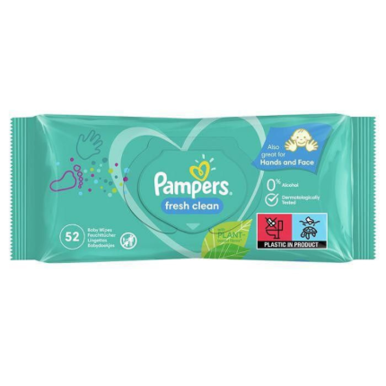 Șervețele umede PAMPERS pentru bebeluși 52 bucati ideale pentru igiena delicată a pielii. Formulă blândă, fără parfum,