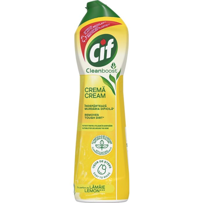 CIF cremă cu lămâie 500ml pentru curățare eficientă, îndepărtează petele dificile și oferă un parfum proaspăt. Ideală pentru