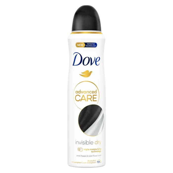 Deodorant DOVE pentru femei Advance Care Invisible Dry 150ml oferă protecție de lungă durată împotriva transpirației, lăsând