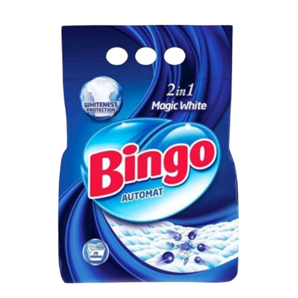 Detergent rufe Bingo Ultra White 2kg pentru o albire strălucitoare și o curățare profundă a țesăturilor. Formula sa avansată