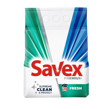 SAVEX fresh 2 kg detergent de rufe cu formula eficientă pentru îndepărtarea petelor și mirosuri neplăcute. Oferă o curățare