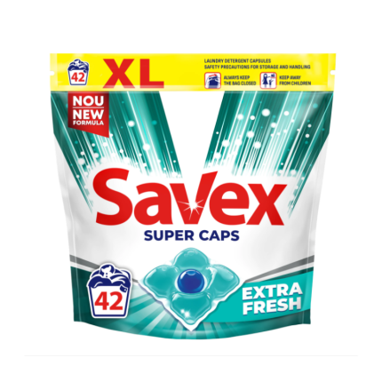 Capsulele SAVEX Premium 42 Extra Fresh oferă o curățare profundă și o prospețime de lungă durată pentru rufe. Formula