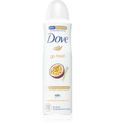 Deodorant Dove Go Fresh cu parfum de fructul pasiunii și lemongrass, 150 ML, oferă o senzație de prospețime îndelungată.