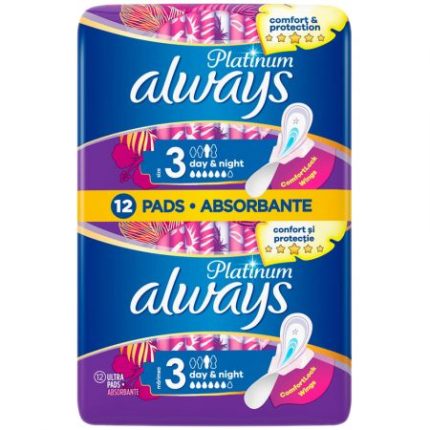 Absorbante Always Platinum Ultra DAY&Night, 12 bucăți, oferă protecție superioară pe parcursul zilei și nopții. Cu un design