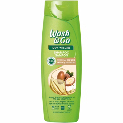 Sampon Wash&Go cu ulei de argan si migdale, 360 ml, ideal pentru toate tipurile de par. Formula sa nutritivă oferă hidratare