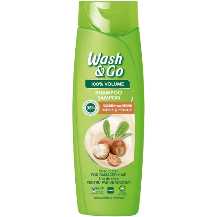 Sampon Wash&Go UNT DE SHEA 360ml pentru par deteriorat, formula revitalizanta cu unt de shea, hraneste si repară parul,