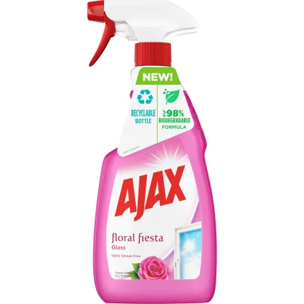 Soluție pentru curățat geamuri Ajax Floral Fiesta Flowers Bouquet Pink, 500 ml, ideală pentru obținerea unei străluciri