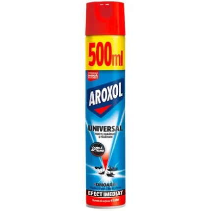 Spray insecticid universal Aroxol 500ml eficient împotriva insectelor dăunătoare, ideal pentru utilizare în interior și