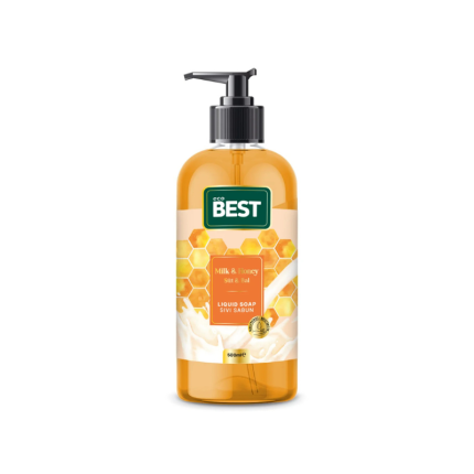 Săpun lichid ECOBEST cu miere și lapte 500ML, formula delicată pentru o curățare eficientă și hidratare a pielii, ideal