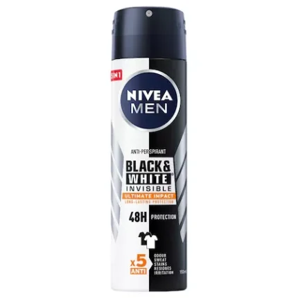 Deodorant NIVEA MEN BLACK&WHITE ULTIMATE IMPACT 150ML pentru protecție eficientă împotriva transpirației și mirosurilor