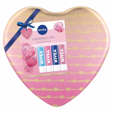 Set 4 balsamuri de buze Nivea Luxurious Lips pentru hidratare intensă și protecție. Formula bogată și cremoasă îmbogățită cu