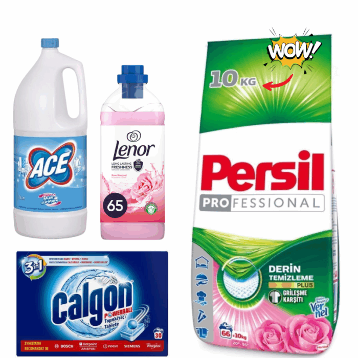 Pachet Spălare 2: PERSIL TRANDAFIR  10kg, LENOR Balsam de rufe Rose Bouquet, 65 spalari 1625ml, ACE INALBITOR 2L REGULAR, CALGON tablete 30 - imagine 1