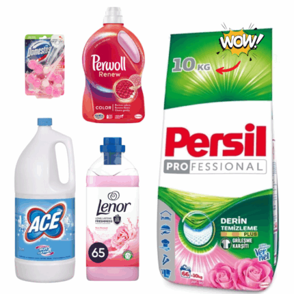 Pachet 6: Persil trandafir 10kg, LENOR Balsam de rufe Rose, ACE INALBITOR 2L, DOMESTOS mangolia, PERWOLL DETERGENT LICHID 1L COLOR RENEW