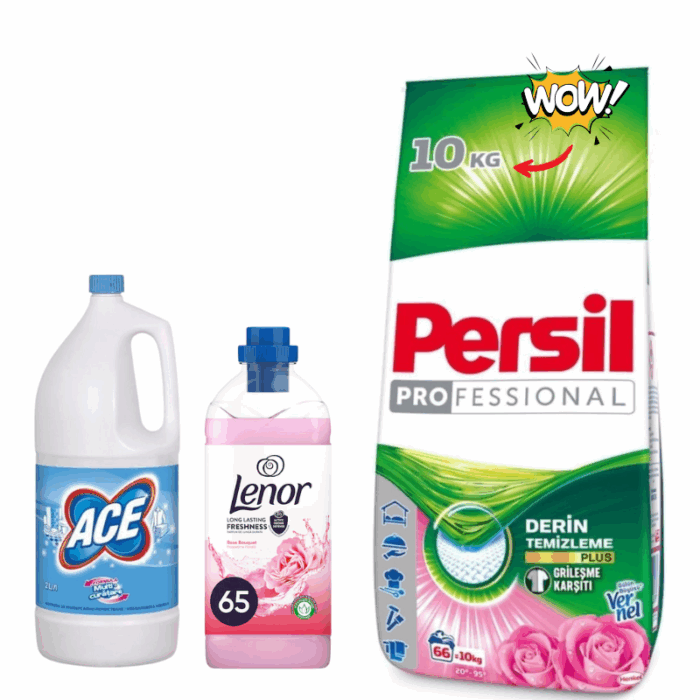 Pachet Spălare 1: Detergent PERSIL TRANDAFIR  10kg, LENOR Balsam de rufe Rose Bouquet, 65 spalari 1625ml, ACE INALBITOR 2L REGULAR - imagine 1