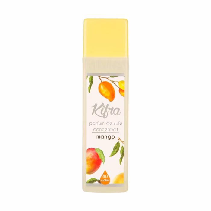 Prafum de rufe Kifra Mango 200 ml pentru 80 de spălări. Oferă o aromă fresh și tropicală, împrospătând hainele tale cu un