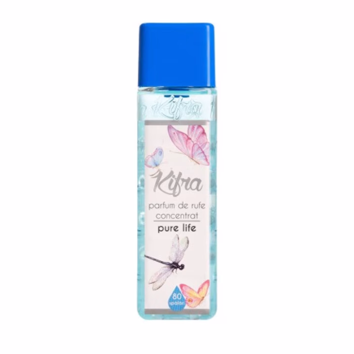Parfum de rufe Kifra Pure Life, 200 ml, oferă o experiență unică de prospețime pentru hainele tale. Cu 80 de spălări, acest