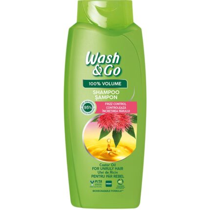 Sampon Wash & Go cu ulei de ricin 675ml pentru o curățare eficientă a părului, îmbogățit cu ingrediente naturale care