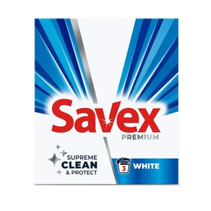 Detergent de rufe automat pudră SAVEX White 300g pentru curățare eficientă și strălucire impecabilă a albului. Formula sa