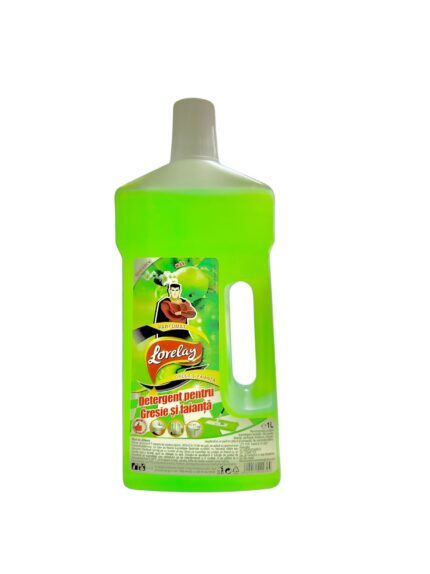 Detergent pentru gresie și faianță Lorelay cu parfum de măr 1L, ideal pentru curățarea eficientă a suprafețelor dure.