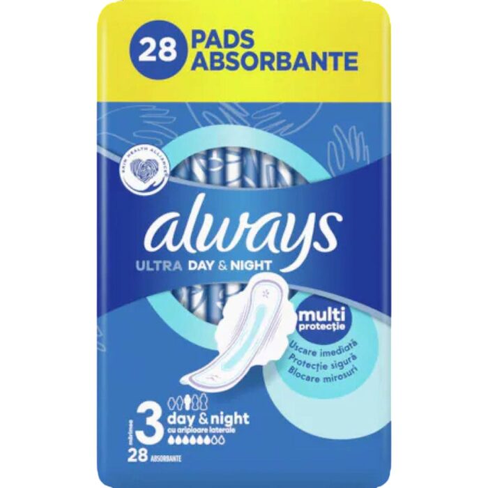 Absorbante de noapte Always, pachet de 28 bucăți, oferă protecție superioară și confort pe timpul nopții. Designul special