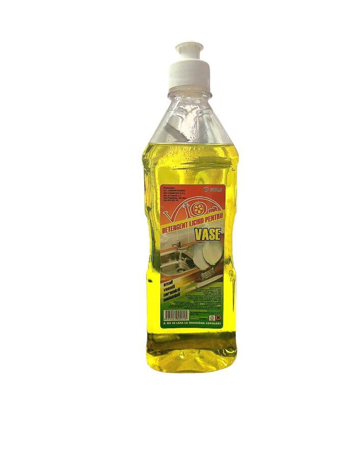 Detergent vase Vio 500ml pentru o curățare eficientă a vaselor, cu formula specială care îndepărtează grăsimea și murdăria.