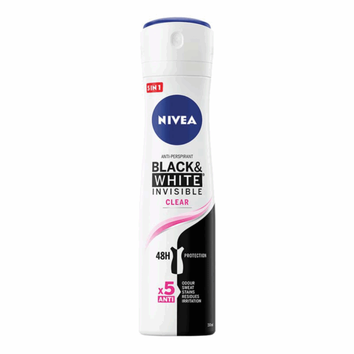 Deodorant Nivea pentru femei Black & White Invisible Clear 150ml, protecție eficientă împotriva transpirației, formulă fără