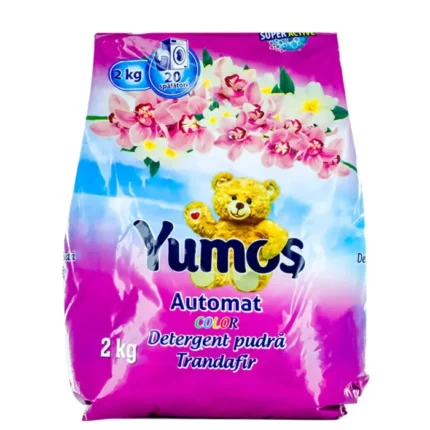 Detergent automat Yumos color trandafir 2kg pentru rufe curate și strălucitoare. Formula sa avansată îndepărtează petele