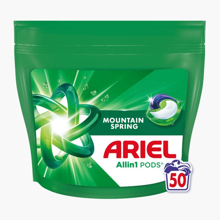 Capsule de detergent Ariel Mountain Spring 50 buc pentru rufe curate si parfumate. Aceste capsule oferă o curățare profundă