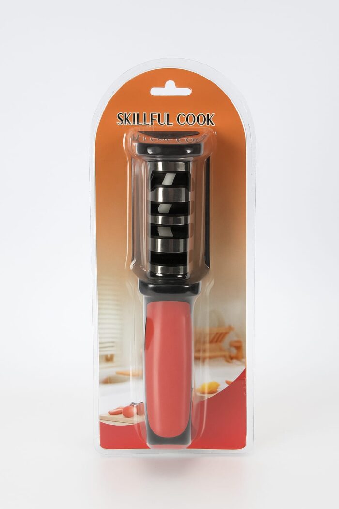 Dispozitiv pentru ascutit cutite cu 3 pozitii, rosu/negru, material inox si ABS, 21.5x5x6 cm - imagine 1