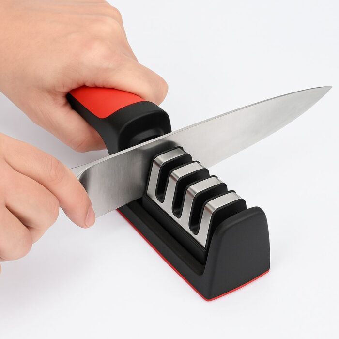 Dispozitiv pentru ascutit cutite cu 3 pozitii, rosu/negru, material inox si ABS, 21.5x5x6 cm - imagine 3